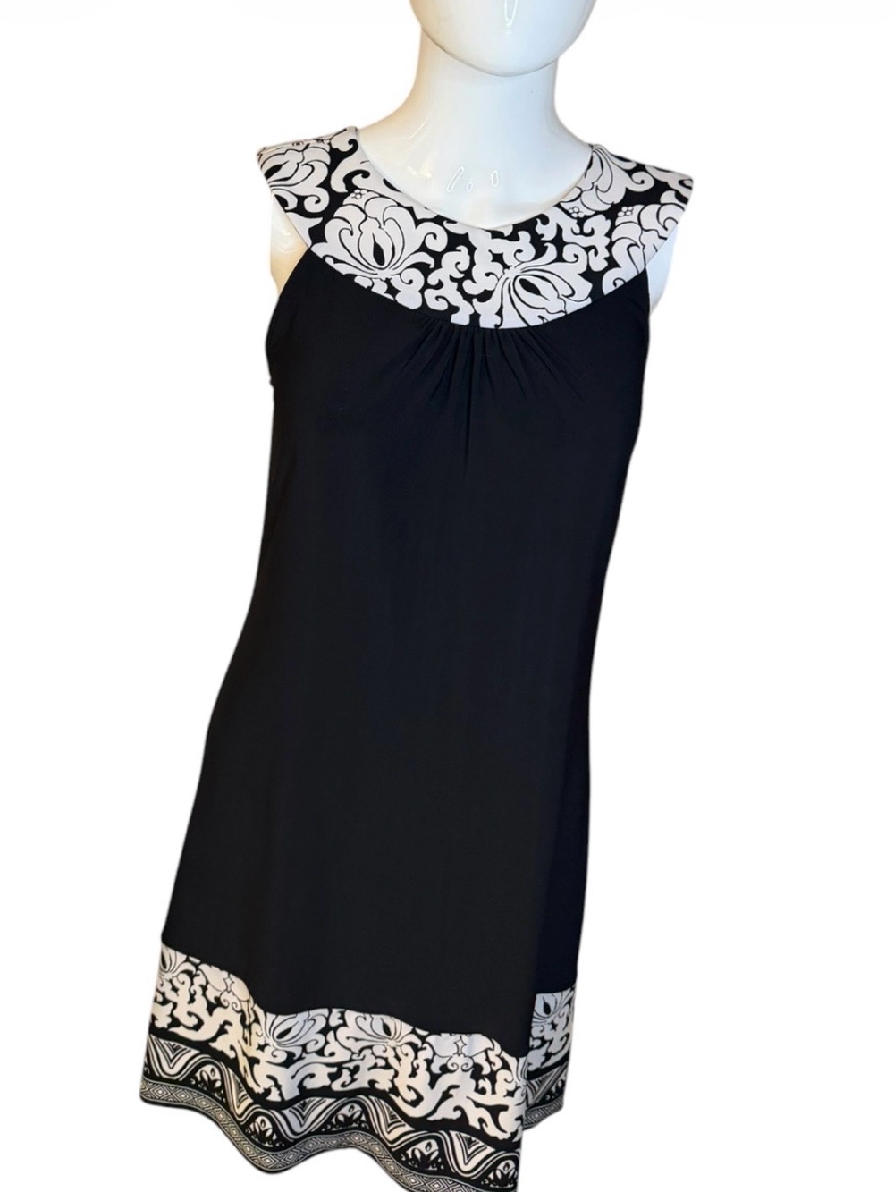 White House Black Market Black Dress with White Damask Trim